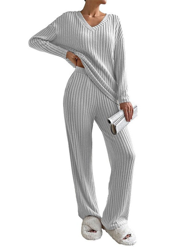 Women's Solid Color V-Neck Suit with Long Sleeves and Straight Trousers