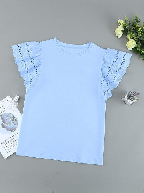 Women's Solid Lace Flying Sleeves Round Neck Casual T-Shirt with Short Sleeves