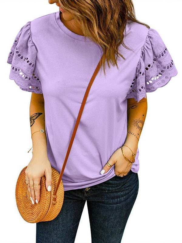 Women's Solid Lace Flying Sleeves Round Neck Casual T-Shirt with Short Sleeves