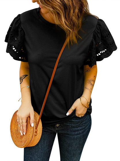 Women's Solid Lace Flying Sleeves Round Neck Casual T-Shirt with Short Sleeves