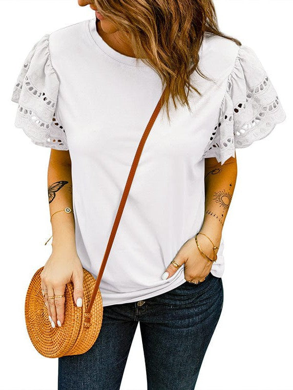 Women's Solid Lace Flying Sleeves Round Neck Casual T-Shirt with Short Sleeves