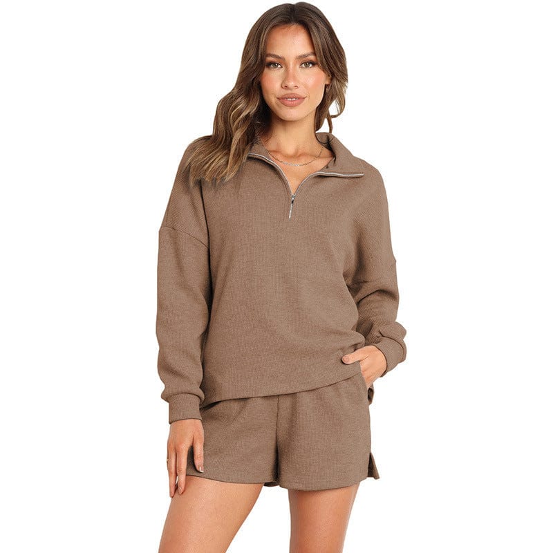 Women's Street Style Two-Piece Waffle Fabric Sports Suit with Long Sleeves