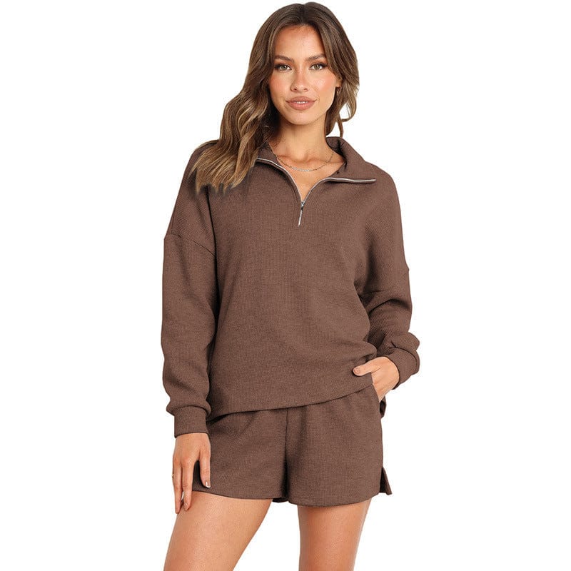 Women's Street Style Two-Piece Waffle Fabric Sports Suit with Long Sleeves