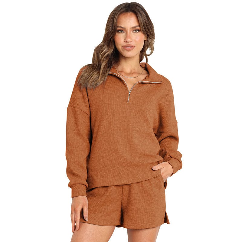 Women's Street Style Two-Piece Waffle Fabric Sports Suit with Long Sleeves