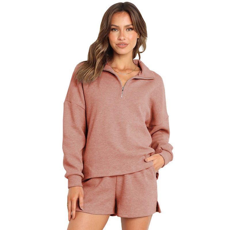 Women's Street Style Two-Piece Waffle Fabric Sports Suit with Long Sleeves