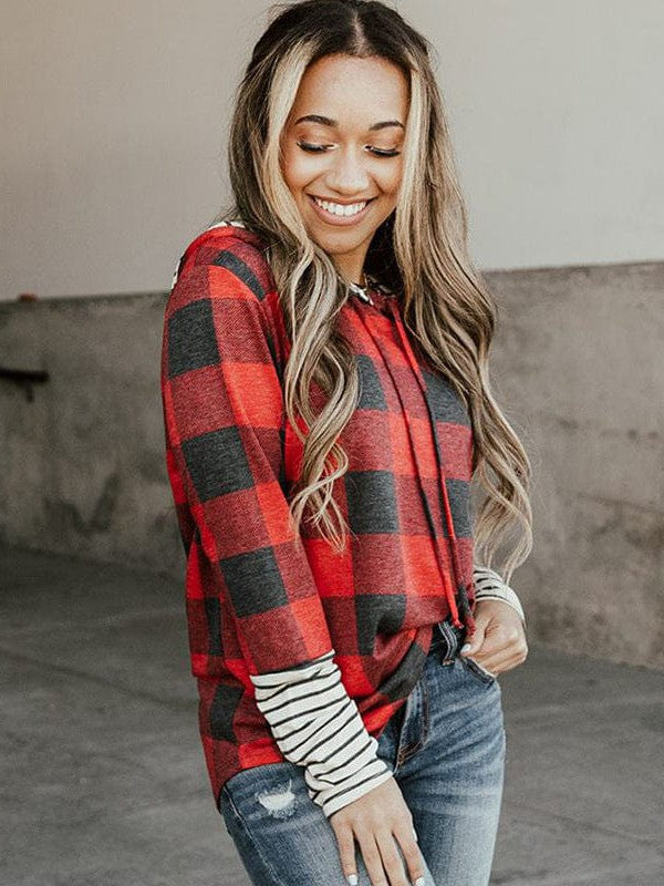 Women's Striped and Plaid Patchwork Hooded Sweatshirt with Drawstring