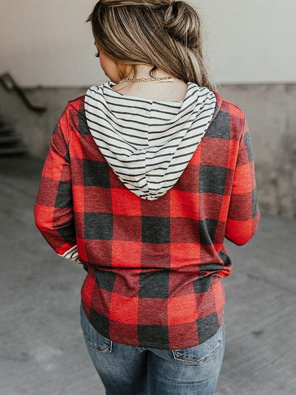 Women's Striped and Plaid Patchwork Hooded Sweatshirt with Drawstring