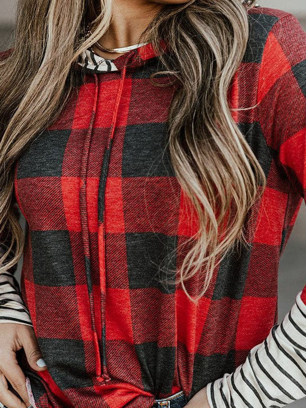 Women's Striped and Plaid Patchwork Hooded Sweatshirt with Drawstring