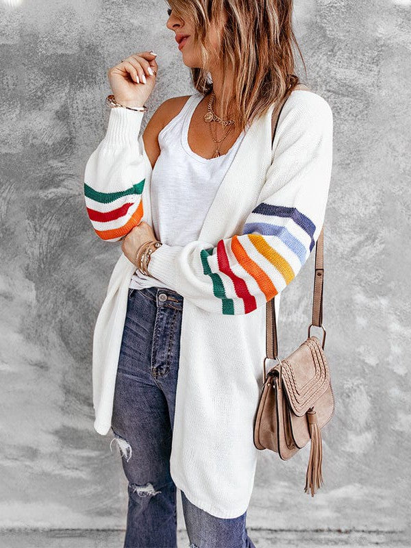 Women's Striped Lantern Sleeve Cardigan Sweater in Imitation Cashmere