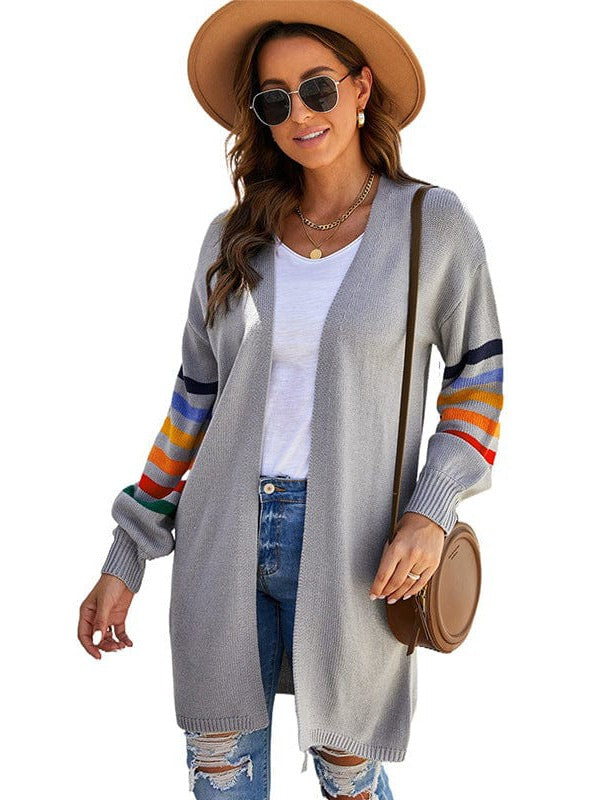 Women's Striped Lantern Sleeve Cardigan Sweater in Imitation Cashmere