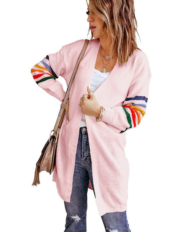 Women's Striped Lantern Sleeve Cardigan Sweater in Imitation Cashmere