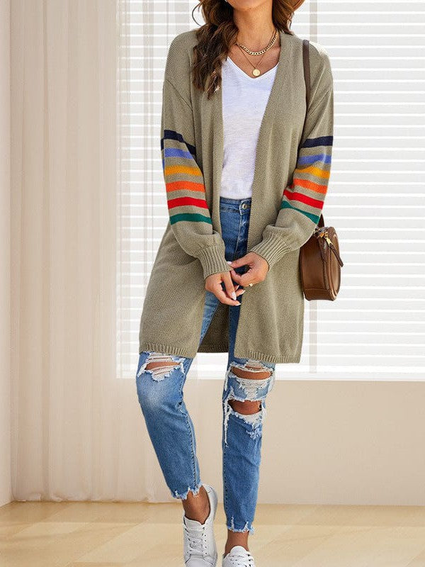 Women's Striped Lantern Sleeve Cardigan Sweater in Imitation Cashmere