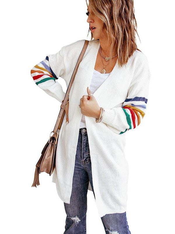 Women's Striped Lantern Sleeve Cardigan Sweater in Imitation Cashmere