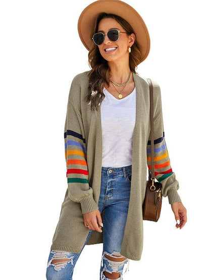 Women's Striped Lantern Sleeve Cardigan Sweater in Imitation Cashmere