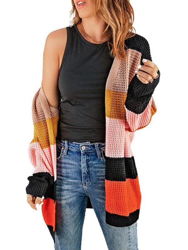 Women's Striped Loose Waffle Knit Cardigan-Jacket