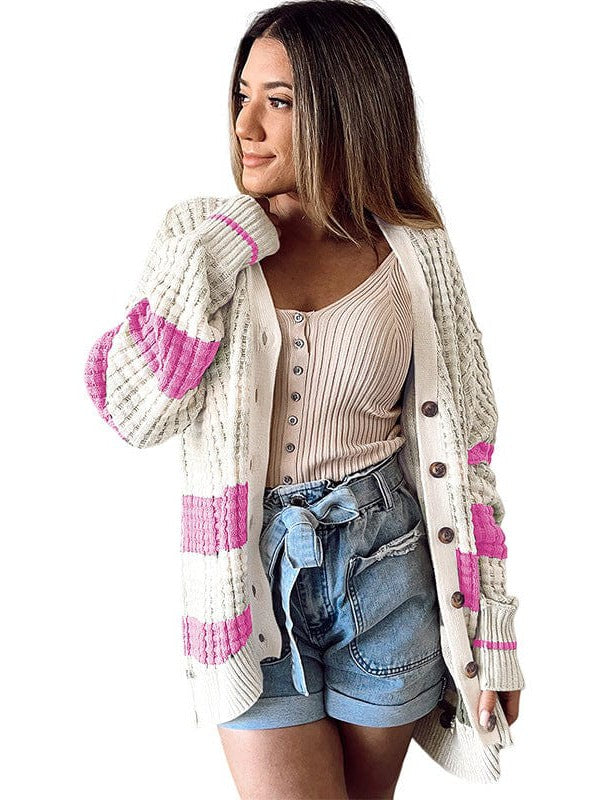 Women's Striped Mid-Length Knit Cardigan in Contrast Colors