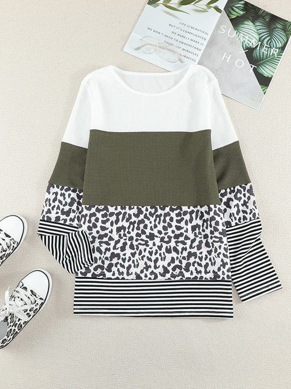 Women's Striped Waffle Long-Sleeve Pullover Top with Round Neck