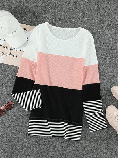 Women's Striped Waffle Long-Sleeve Pullover Top with Round Neck