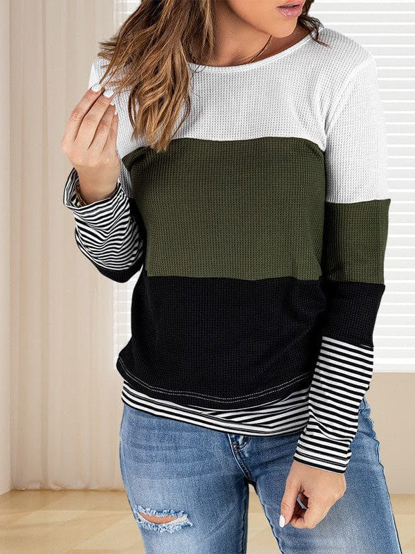 Women's Striped Waffle Long-Sleeve Pullover Top with Round Neck