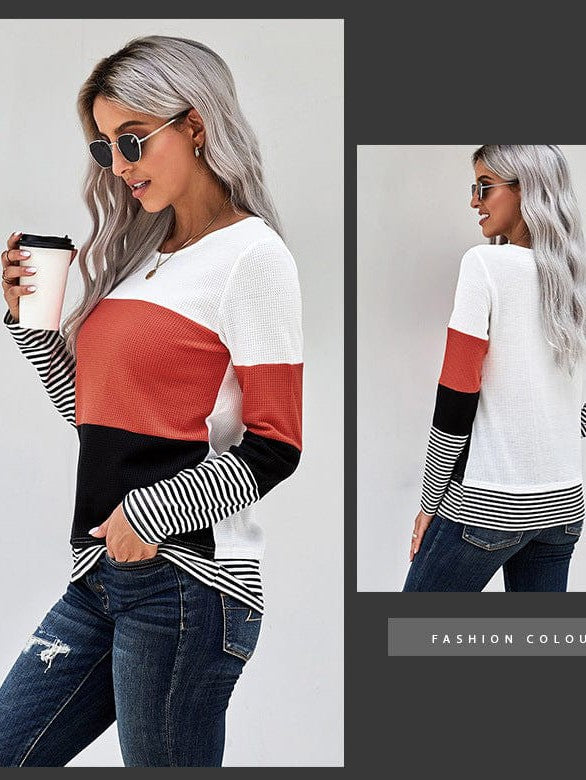 Women's Striped Waffle Long-Sleeve Pullover Top with Round Neck