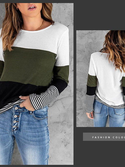 Women's Striped Waffle Long-Sleeve Pullover Top with Round Neck