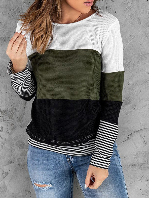 Women's Striped Waffle Long-Sleeve Pullover Top with Round Neck