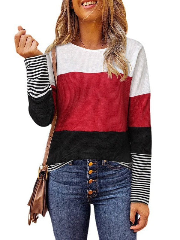 Women's Striped Waffle Long-Sleeve Pullover Top with Round Neck