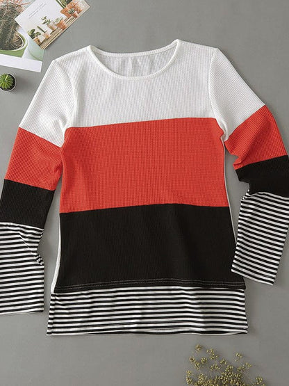 Women's Striped Waffle Long-Sleeve Pullover Top with Round Neck