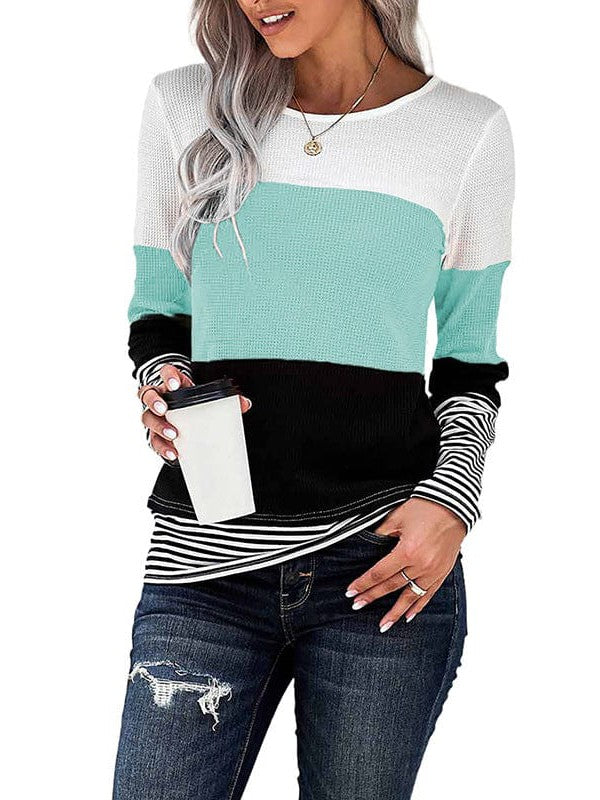 Women's Striped Waffle Long-Sleeve Pullover Top with Round Neck