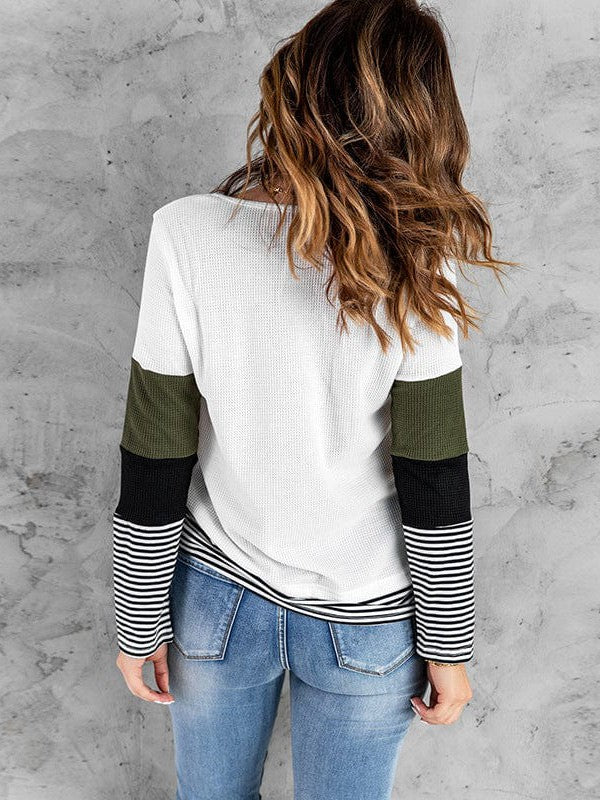 Women's Striped Waffle Long-Sleeve Pullover Top with Round Neck