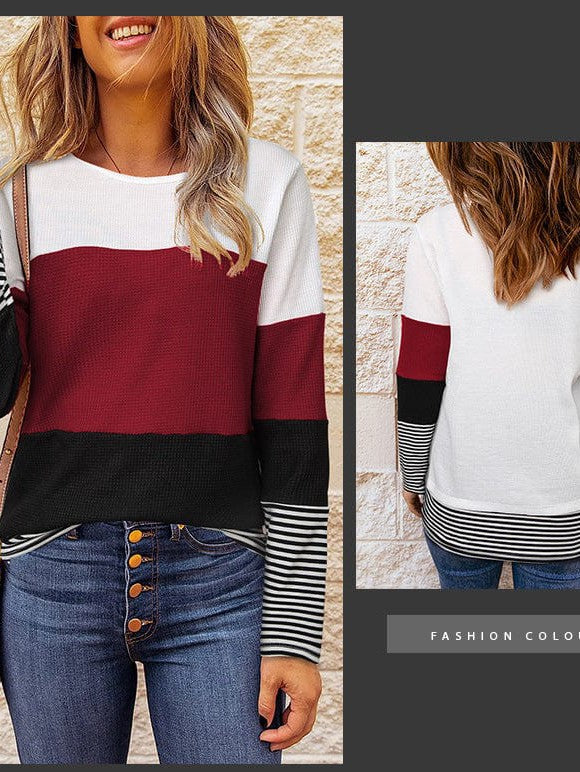 Women's Striped Waffle Long-Sleeve Pullover Top with Round Neck