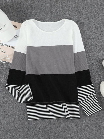 Women's Striped Waffle Long-Sleeve Pullover Top with Round Neck