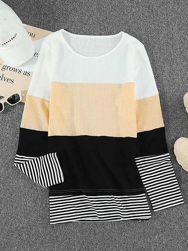 Women's Striped Waffle Long-Sleeve Pullover Top with Round Neck