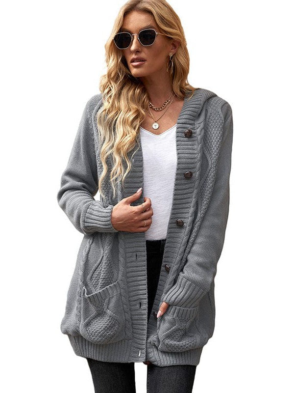 Women's Stylish Hooded Acrylic Cardigan Jacket with Braided Detail