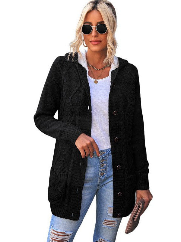 Women's Stylish Hooded Acrylic Cardigan Jacket with Braided Detail