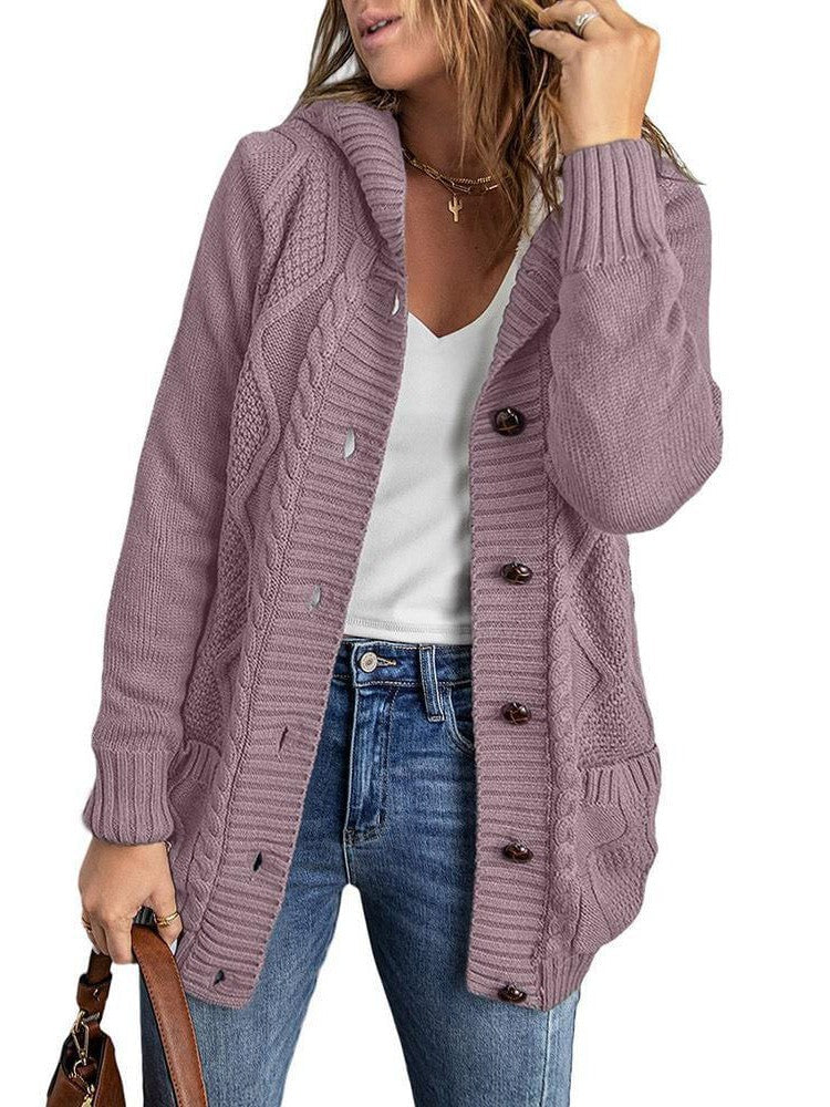 Women's Stylish Hooded Acrylic Cardigan Jacket with Braided Detail