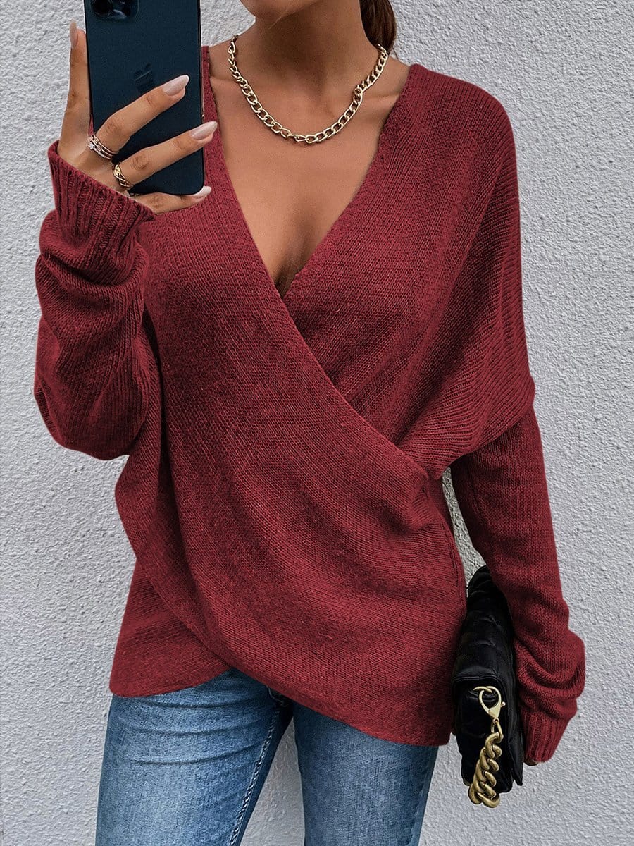 Women's Sweaters Cross V-Neck Long Sleeve Knitted Sweater