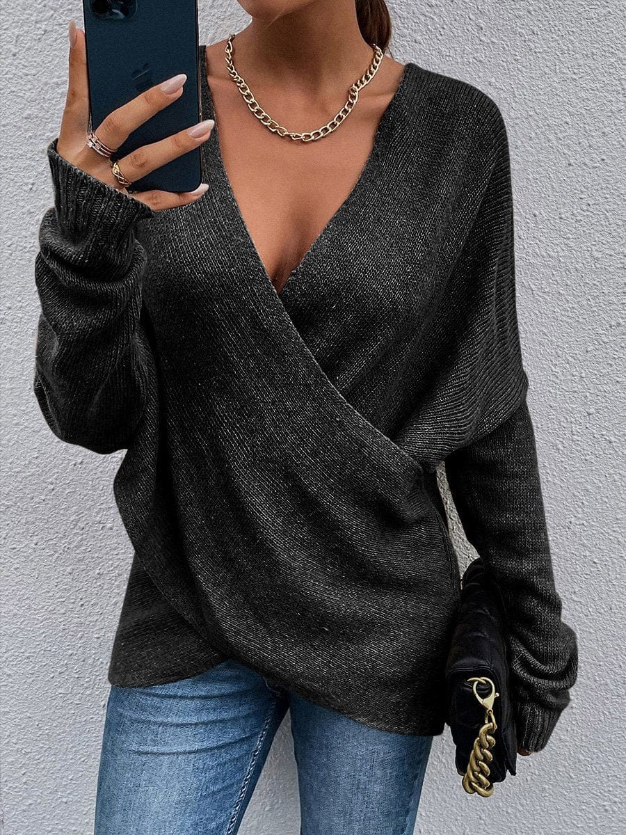 Women's Sweaters Cross V-Neck Long Sleeve Knitted Sweater