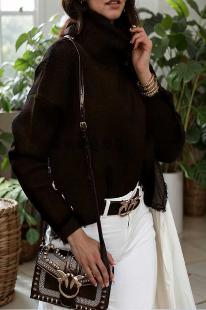 women s sweaters solid high collar button long sleeve sweater 109267