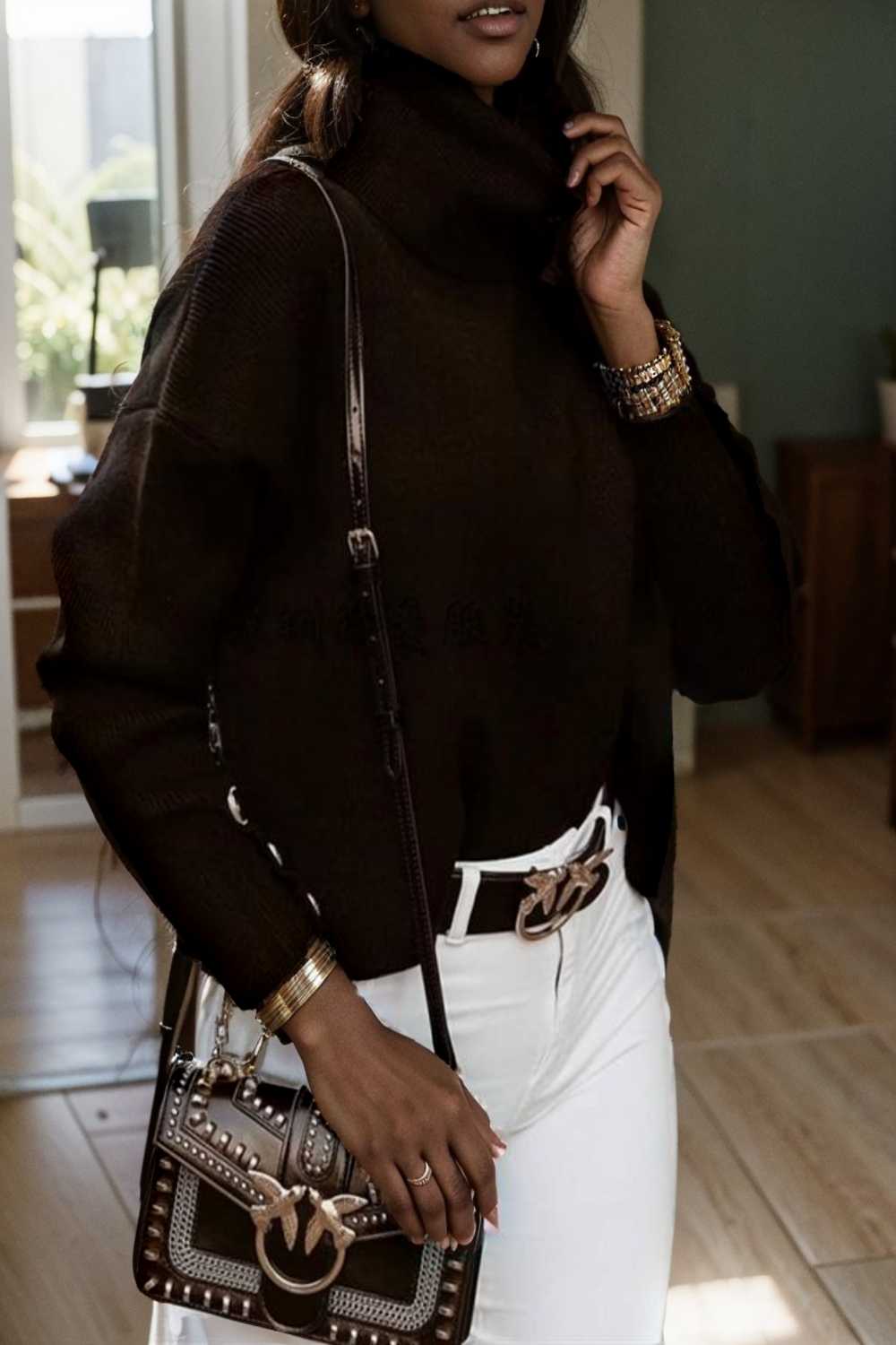 women s sweaters solid high collar button long sleeve sweater 107798