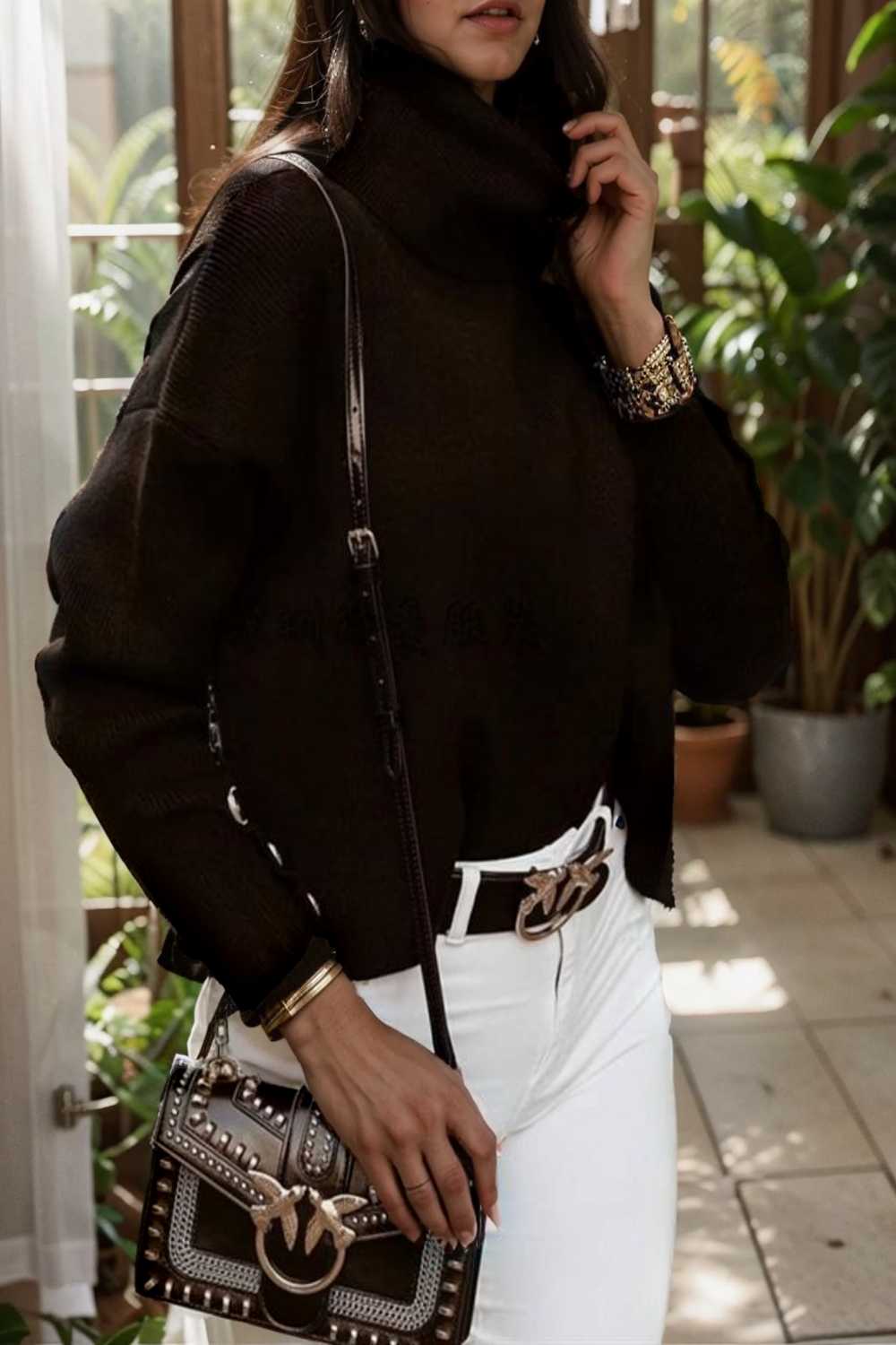 women s sweaters solid high collar button long sleeve sweater 109266