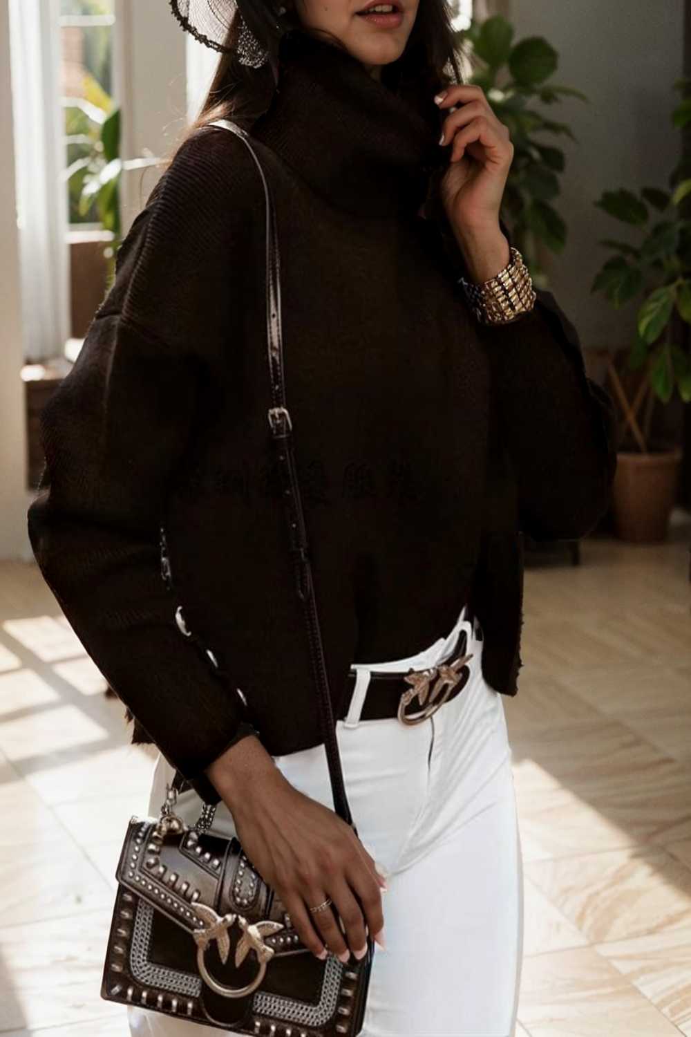 women s sweaters solid high collar button long sleeve sweater 109265