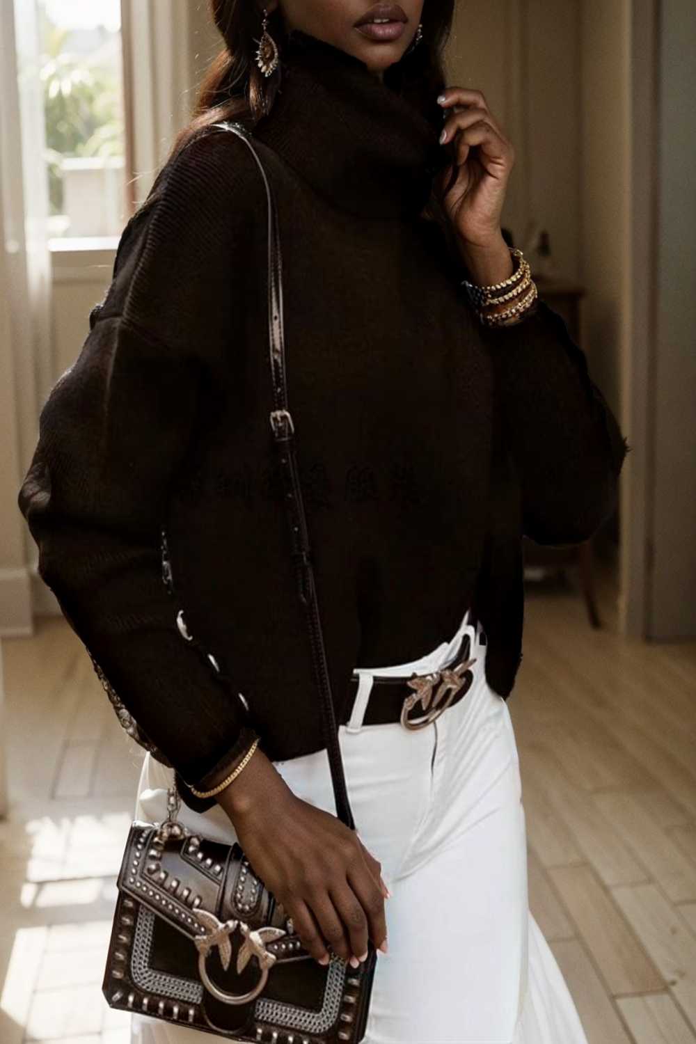 women s sweaters solid high collar button long sleeve sweater 107796