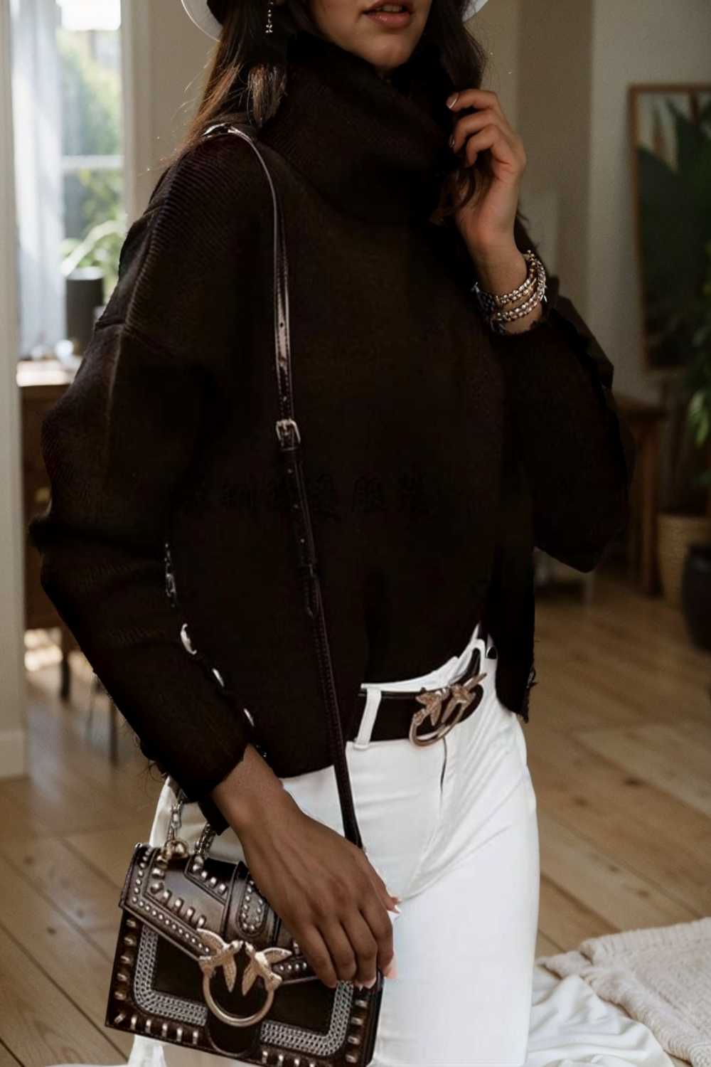 women s sweaters solid high collar button long sleeve sweater 109263