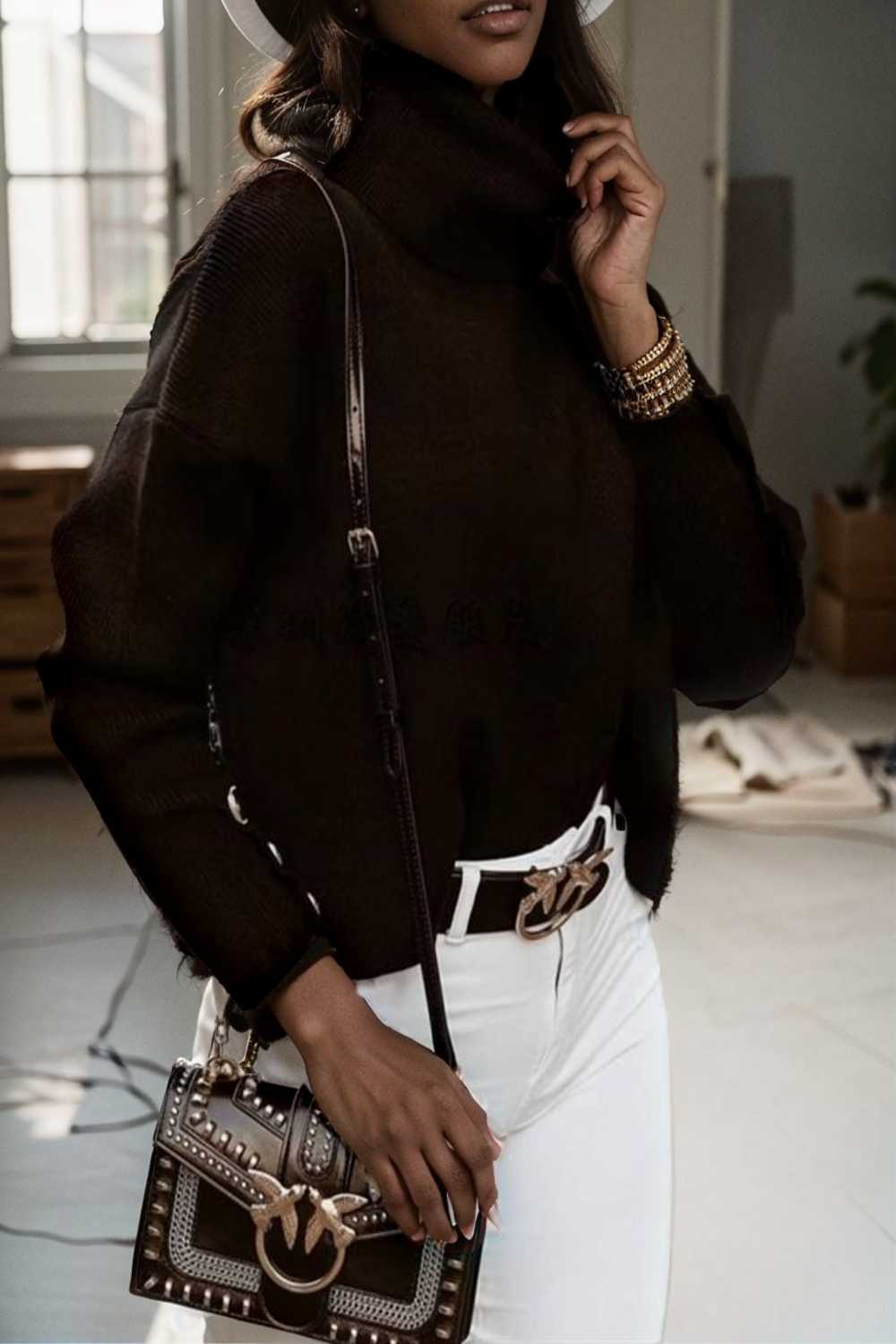 women s sweaters solid high collar button long sleeve sweater 107794