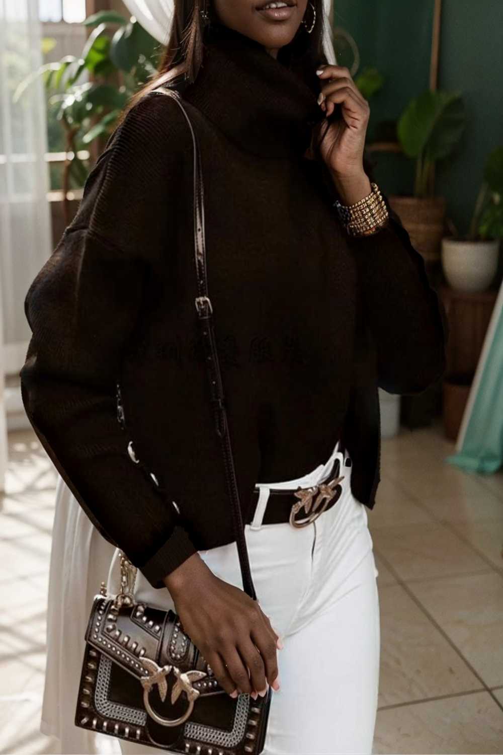 women s sweaters solid high collar button long sleeve sweater 107793