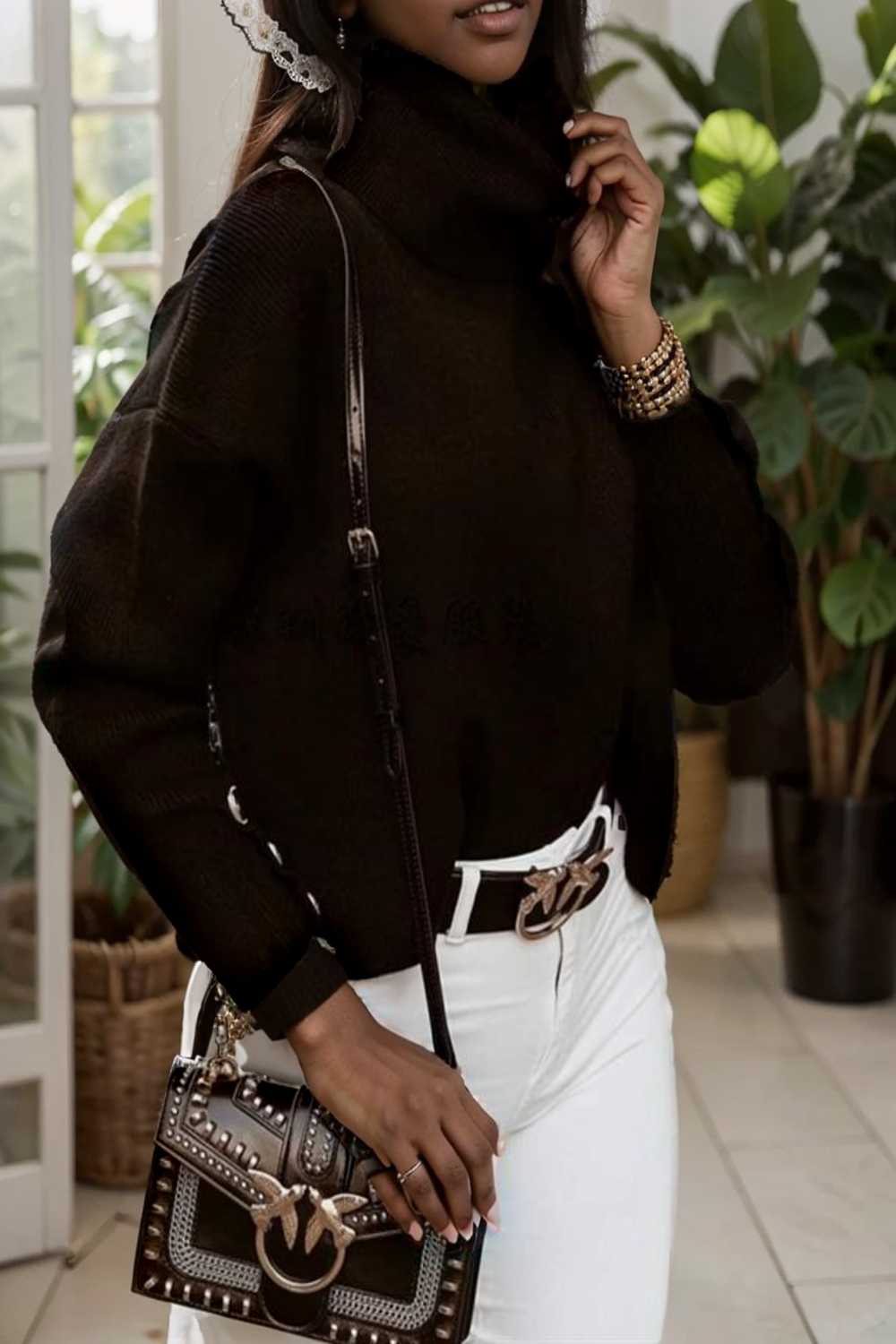 women s sweaters solid high collar button long sleeve sweater 107792