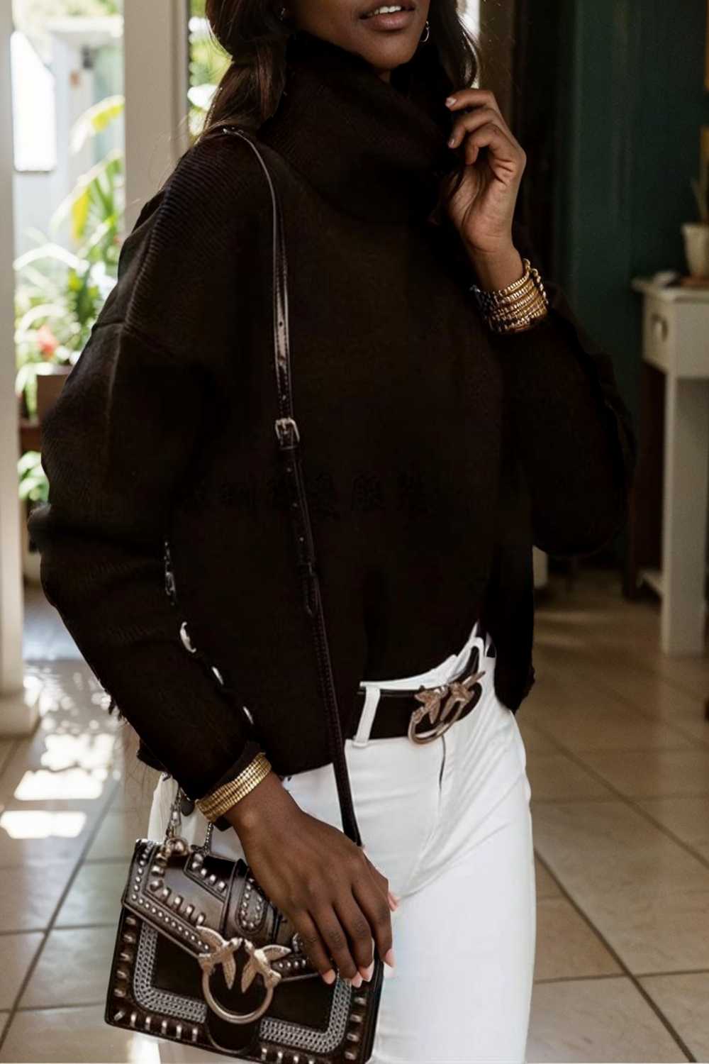 women s sweaters solid high collar button long sleeve sweater 107790