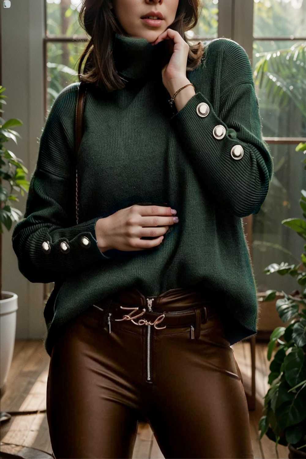 women s sweaters solid high collar button long sleeve sweater 107788