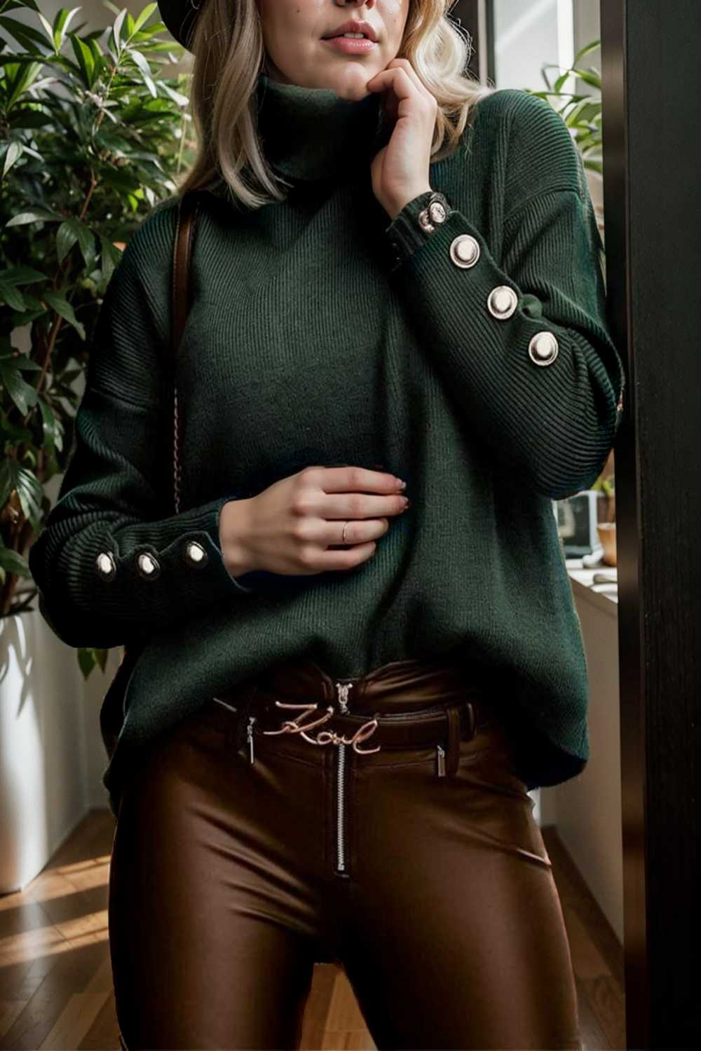 women s sweaters solid high collar button long sleeve sweater 109261